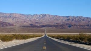 Scenic road through California desert mountains